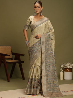 Akhilam - Women's Satin Silk Beige Digital Print Saree with Unstitched Blouse
