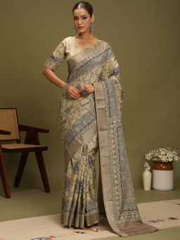 Akhilam - Women's Satin Silk Beige Digital Print Saree with Unstitched Blouse