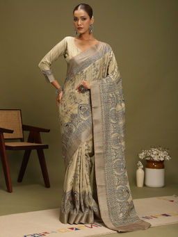 Akhilam - Women's Satin Silk Beige Digital Print Saree with Unstitched Blouse