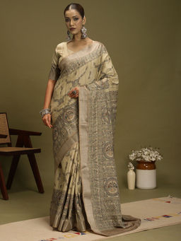 Akhilam - Women's Satin Silk Beige Digital Print Saree with Unstitched Blouse