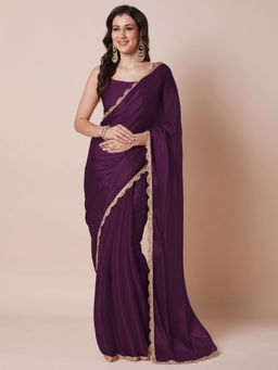 Akhilam - Women's Organza Wine Solid Saree with Unstitched Blouse