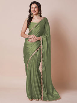Akhilam - Women's Organza Light Green Solid Saree with Unstitched Blouse