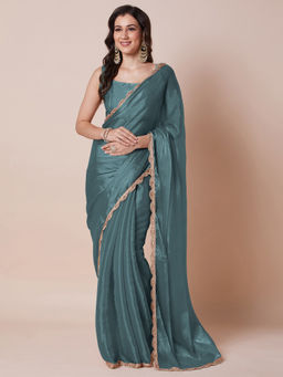 Akhilam - Women's Organza Teal Solid Saree with Unstitched Blouse