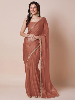 Akhilam - Women's Organza Rust Solid Saree with Unstitched Blouse