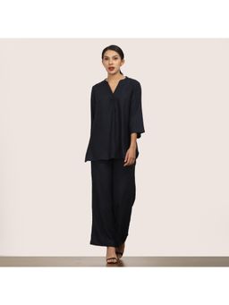 Saltpetre - Navy Blue Solid Pleated Tunic with Pant (Set of 2)
