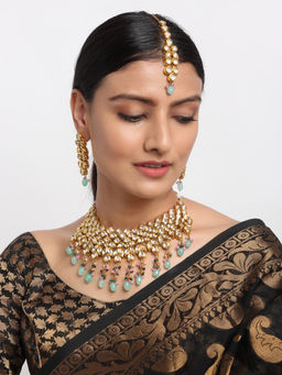 Ruby Raang Studio - Ruby Raang Multi Kundan Neckpiece with Earrings and Maang Tikka