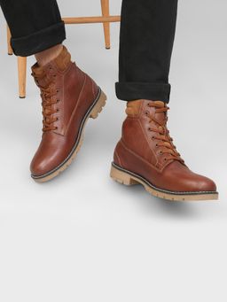 Yoho - Tan Lace-Up Combat Boots with Padded Cuff for Men
