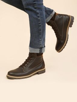 Yoho - Brown Lace-Up Combat Boots with Padded Cuff for Men