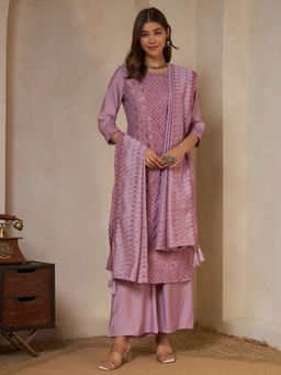 Shopping Queen - Pale Pink Embroidered Silk Kurta with Palazzo and Dupatta