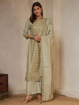 Shopping Queen - Olive Green Embroidered Silk Kurta with Palazzo and Dupatta