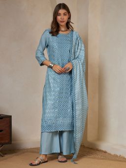 Shopping Queen - Sky Blue Embroidered Silk Kurta with Palazzo and Dupatta