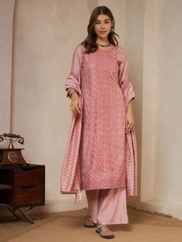 Shopping Queen - Pastel Peach Embroidered Silk Kurta with Palazzo and Dupatta
