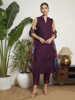 Shopping Queen - Purple Embroidered Silk Kurta with Pant and Dupatta Set