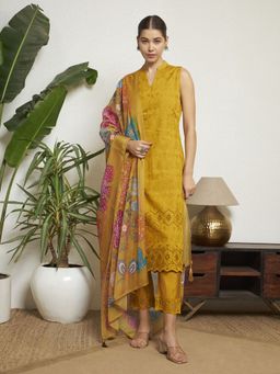 Shopping Queen - Gold Yellow Embroidered Silk Kurta with Pant and Dupatta Set