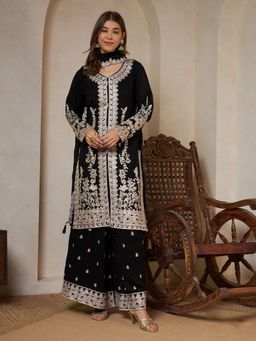 Shopping Queen - Black Embroidered Silk Kurta with Palazzo and Dupatta Set