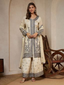 Shopping Queen - Ivory Embroidered Silk Kurta with Palazzo and Dupatta Set