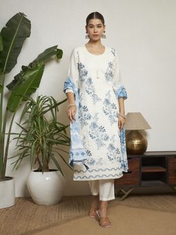 Shopping Queen - Petrol Green Embroidered Silk Kurta with Pant and Dupatta Set