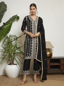 Shopping Queen - Black Embroidered Silk Kurta with Pant and Dupatta Set