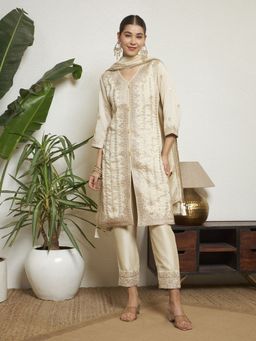 Shopping Queen - Ivory Embroidered Silk Kurta with Pant and Dupatta Set