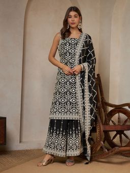 Shopping Queen - Sparkle Black Embroidered Georgette Kurta with Palazzo and Dupatta Set