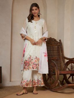 Shopping Queen - Off White Floral Printed Silk Kurta with Palazzo and Dupatta