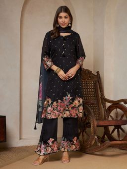 Shopping Queen - Black Floral Printed Silk Kurta with Palazzo and Dupatta
