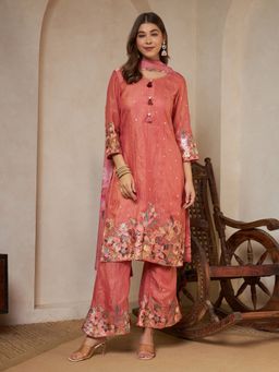 Shopping Queen - Peach Orange Floral Printed Silk Kurta with Palazzo and Dupatta