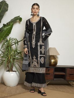 Shopping Queen - Black Embroidered Silk Kurta with Palazzo and Dupatta Set