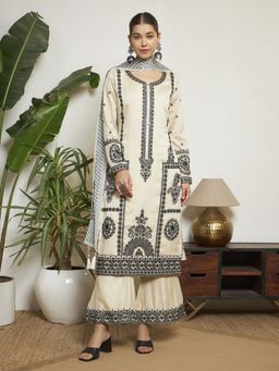 Shopping Queen - Ivory Embroidered Silk Kurta with Palazzo and Dupatta Set