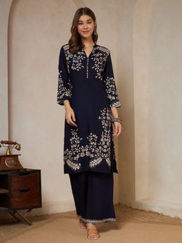 Shopping Queen - Navy Blue Floral Printed Rayon Kurta and Palazzo