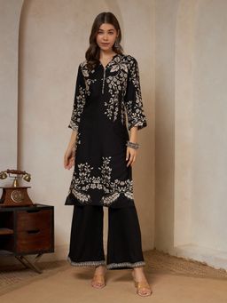 Shopping Queen - Black Floral Printed Rayon Kurta and Palazzo