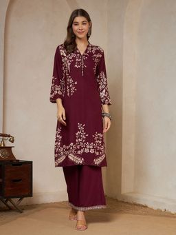 Shopping Queen - Wine Floral Printed Rayon Kurta and Palazzo