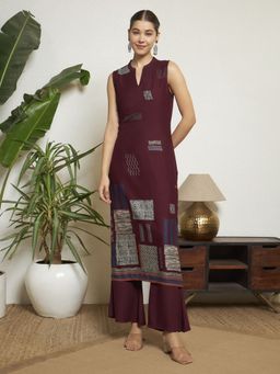 Shopping Queen - Wine Geometric Printed Rayon Kurta and Palazzo
