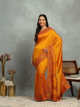 MEENA BAZAAR - Women Mustard Art Silk Embroidered Saree Without Blouse