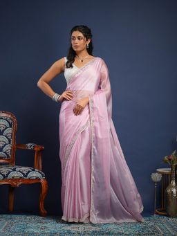 MEENA BAZAAR - Women Lavender Organza Embellished Saree Without Blouse