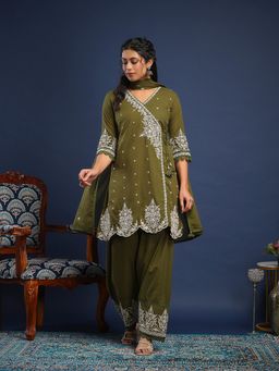 MEENA BAZAAR - Embroidered Cotton Khaki Kurta with Pant and Dupatta