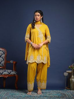 MEENA BAZAAR - Embroidered Cotton Yellow Kurta with Pant and Dupatta