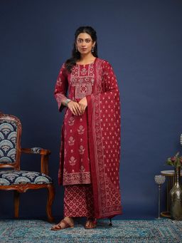 MEENA BAZAAR - Floral Printed Cotton Wine Kurta with Pant and Dupatta
