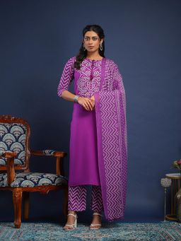 MEENA BAZAAR - Printed Cotton Purple Kurta with Pant and Dupatta