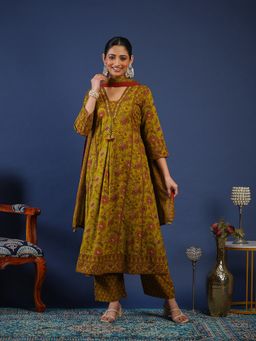 MEENA BAZAAR - Floral Printed Cotton Khaki Kurta with Pant and Dupatta