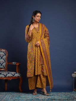 MEENA BAZAAR - Printed Cotton Mustard Kurta with Pant and Dupatta