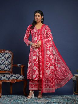 MEENA BAZAAR - Floral Printed Cotton Pink Kurta with Pant and Dupatta