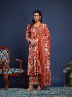 MEENA BAZAAR - Floral Printed Cotton Rust Kurta with Pant and Dupatta
