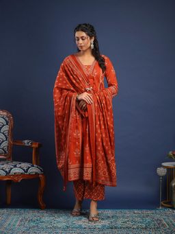 MEENA BAZAAR - Floral Printed Cotton Rust Kurta with Pant and Dupatta