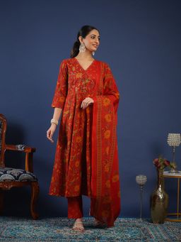 MEENA BAZAAR - Floral Printed Cotton Red Kurta with Pant and Dupatta