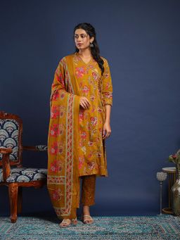 MEENA BAZAAR - Floral Printed Cotton Mustard Kurta with Pant and Dupatta