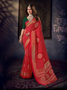 MEENA BAZAAR - Women Red Art Silk Bandhani Printed Saree Without Blouse