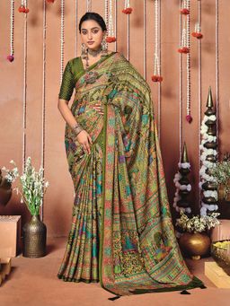 MEENA BAZAAR - Women Green Art Silk Printed Saree Without Blouse