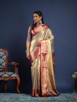 MEENA BAZAAR - Women Beige Art Silk Handloom Saree Without Blouse