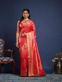 MEENA BAZAAR - Women Red Art Silk Handloom Saree Without Blouse